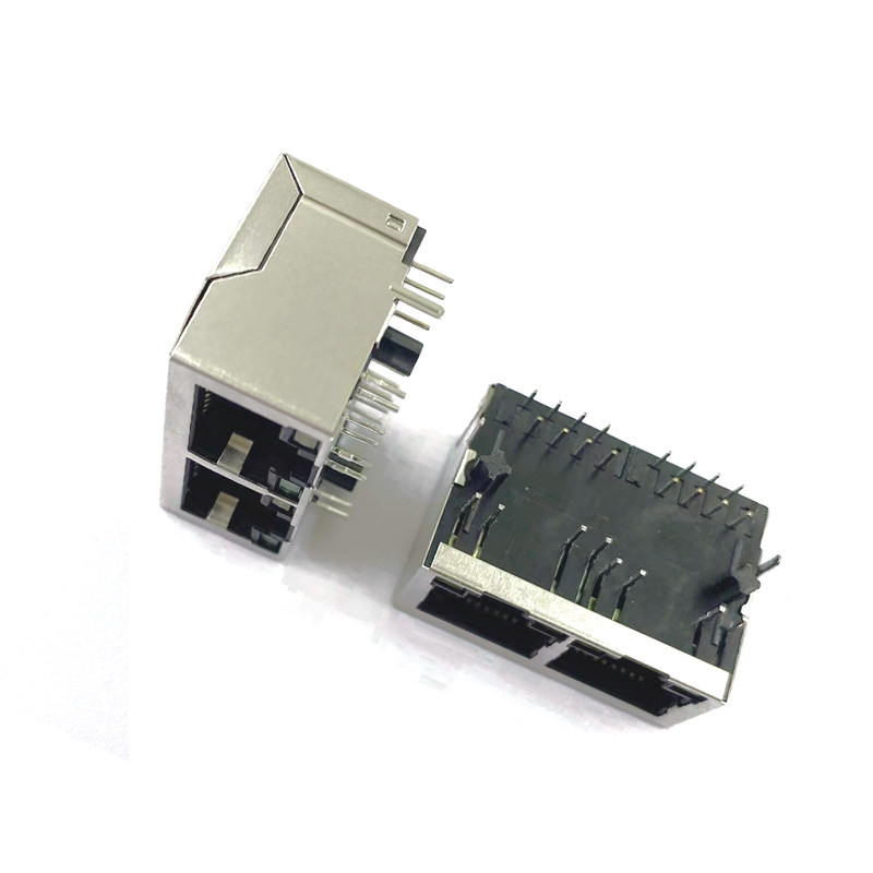 RJ45带百兆变压器1*2双网口HR911205C水晶头插座双灯90度网络插口