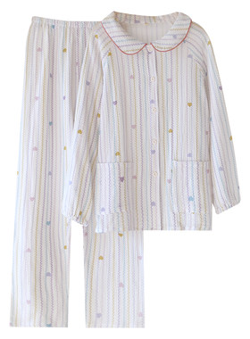 新款纯棉双层绉布娃娃领睡衣女长袖长裤开衫睡裙宽松家居服可外穿