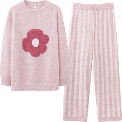 半边绒睡衣女冬款甜美花朵条纹裤