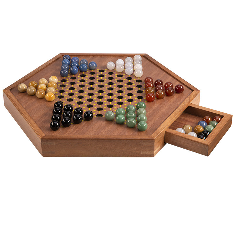 跳棋高档玛瑙玻璃球大人版老式加大码儿童益智木质棋盘亲子跳跳棋