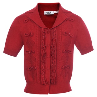 lefame拉飞姆2026春季新款时尚蝴蝶结珠饰针织短袖开衫小上衣