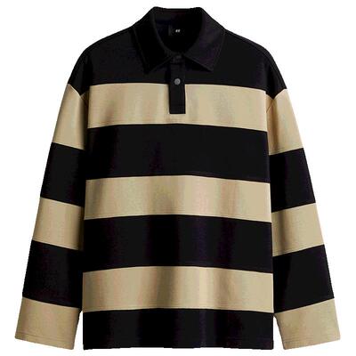 HM男装Polo衫冬季美式按扣式宽松版型长袖上衣1281081