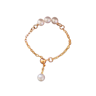 小立交 新款小珍珠调节链条戒指天然淡水珍珠美国14K包金软戒食指