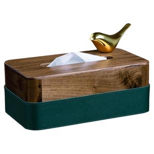 胡桃木黄铜小鸟轻奢实木纸巾盒餐厅客厅酒店家用新中式茶几抽纸盒