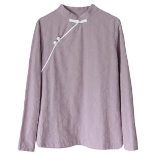棉麻衬衫女士茶服秋季新款女中式唐装打底衫禅衣盘扣复古上衣T恤