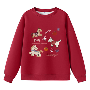 班尼路红色卫衣女2026新款马年新年战袍加绒套头外套本命年上衣M