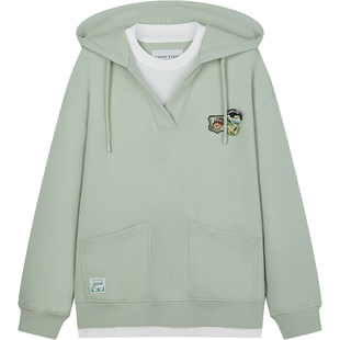 TeenieWeenie小熊女装连帽秋冬季时髦V领连帽假两件开衫外套卫衣