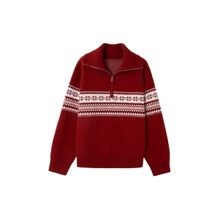 时然大码圣诞新年红色毛衣微胖mm冬季女装新款立领上衣针织衫保暖