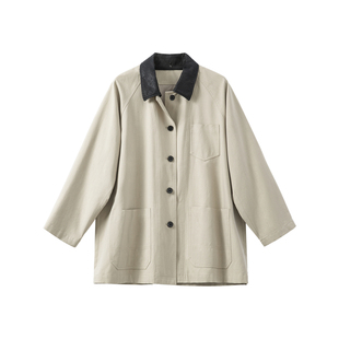 YANGLE_皮领风衣外套女2025新款秋季韩系高级宽松休闲中长款上衣