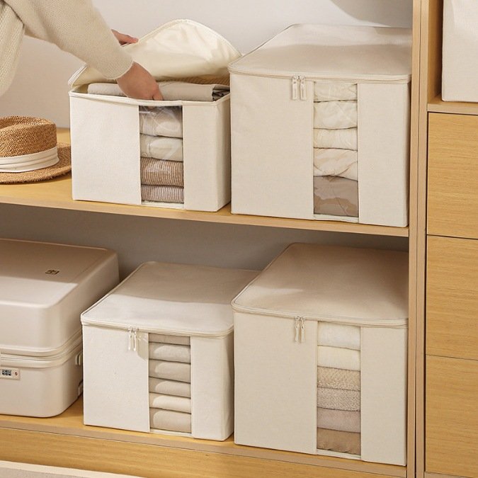 ?简约棉麻收纳箱折叠收纳卧室板水洗透明艺可衣物PP视窗布防尘可