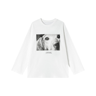 姜雯'小狗TEE'百搭休闲印花纯棉打底白色长袖t恤女内搭2025年新款