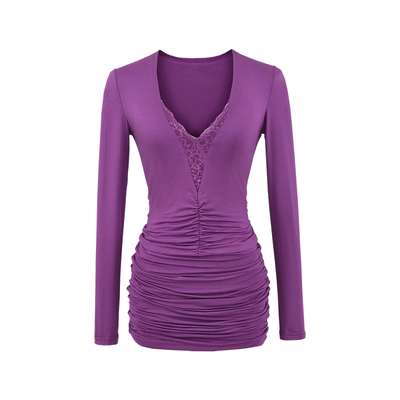 V领蕾丝拼接褶皱收腰包臀连衣裙