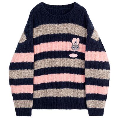 凯莉欧松弛感粗针条纹圆领毛衣