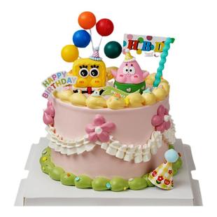 网红黄色海绵蛋糕装饰品儿童宝宝生日快乐小旗子派大星蟹老板摆件