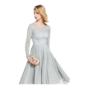 乔万尼春装女商场新款修身高腰气质女人味正式长袖蕾丝连衣裙长款