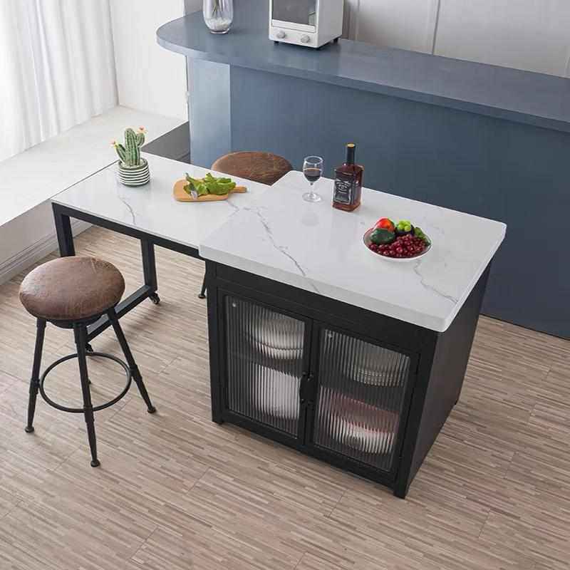 现代开放式大理石厨房中岛料理台铁艺伸缩一体餐桌吧台边柜可移动