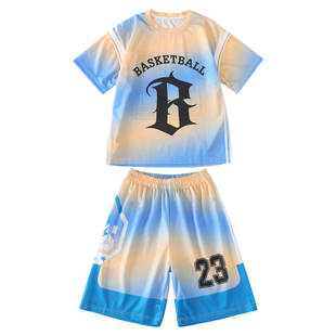 男童夏季篮球服短袖套装蓝色透气速干运动球衣定制编号队名可印字