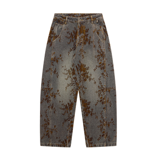 潮牌美式复古提花植绒刺绣秋冬男女牛仔裤小弯刀慵懒风宽松阔腿裤