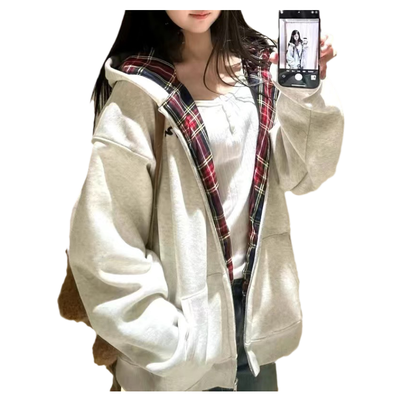 美式復(fù)古格子連帽衛(wèi)衣女春秋oversize薄款外套寬松慵懶風(fēng)開(kāi)衫上衣