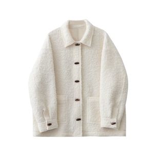 JIUJIU复古羊毛圈圈毛翻领牛角扣大衣女冬季气质小个子毛呢外套