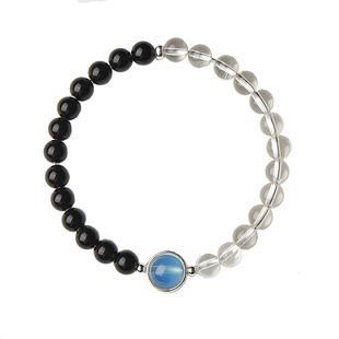 黑曜石海蓝宝手链女天然白水晶手串925银转运珠补水补金情侣礼物