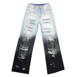潮牌痞帅拼接水洗渐变色破洞乞丐牛仔裤男款夏季宽松阔腿直筒长裤