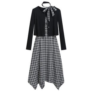 长袖针织开衫配不规则格子吊带连衣裙女2026春季新款高级感两件套