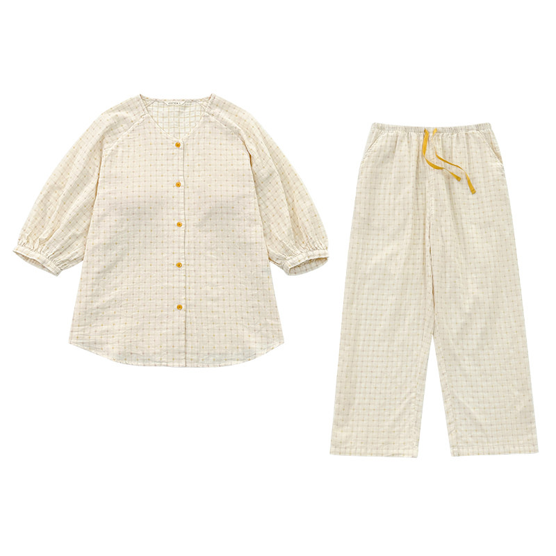 宜色一家26新品小森林全棉双层纱睡衣女胸垫款可外穿七分袖家居服
