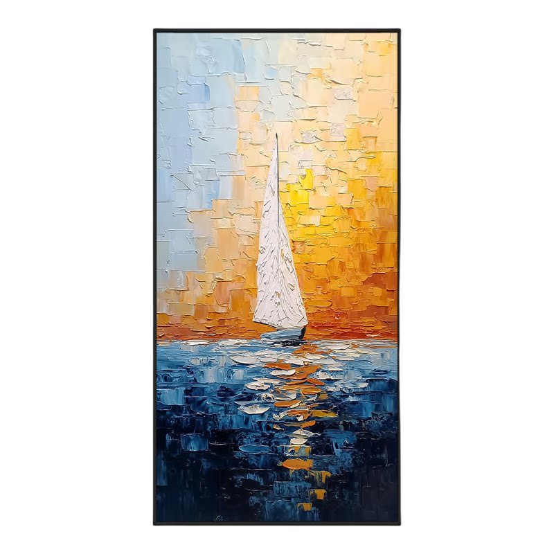 大芬村手绘暖橙海面帆船油画