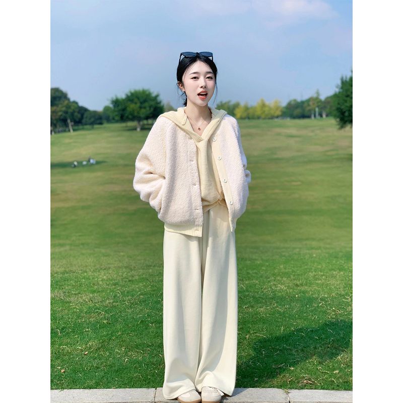 冬装搭配一整套大码胖mm韩系穿搭温柔减龄羊羔毛外套三件套装裤女