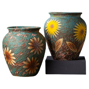 景德镇手工花盆雕刻向日葵多肉法师陶瓷粗陶盆栽透气大号口径复古