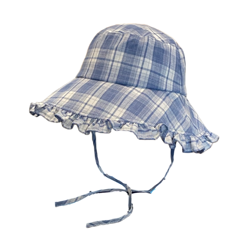 日系花边格纹系带渔夫帽子女夏季