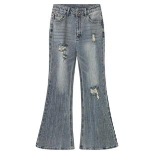 西町村屋韩系长裤女装2025秋季新款扎花破洞牛仔喇叭裤XAAC10019