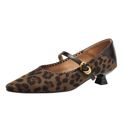 豹纹浅口粗跟单鞋舒适百搭