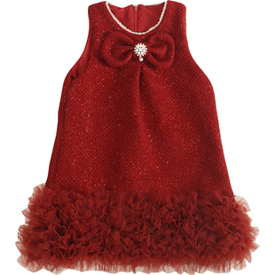 新年战袍女童红色加绒背心裙秋冬季新款儿童加厚公主连衣裙拜年服