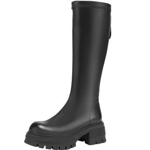 千百度厚底骑士靴新款秋冬粗跟长靴女鞋高筒靴增高瘦瘦靴保暖