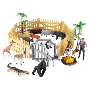 儿童玩具仿真动物模型栅栏围栏场景套装老虎犀牛棕熊狮子鳄鱼摆件