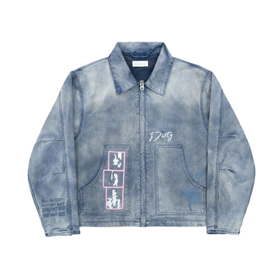 朋克印花法工蓝j22珠帆布夹克
