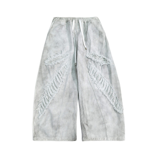 UUCSCC嘻哈复古vintage破洞直筒拖地裤潮牌白色泥染废土风牛仔裤