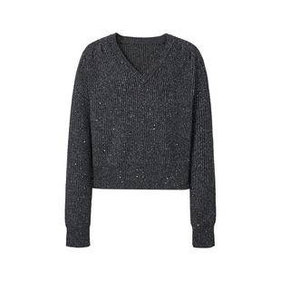 慵懒风亮片落肩袖毛衣女MOFAN摩凡春款烟灰小个子针织衫显瘦