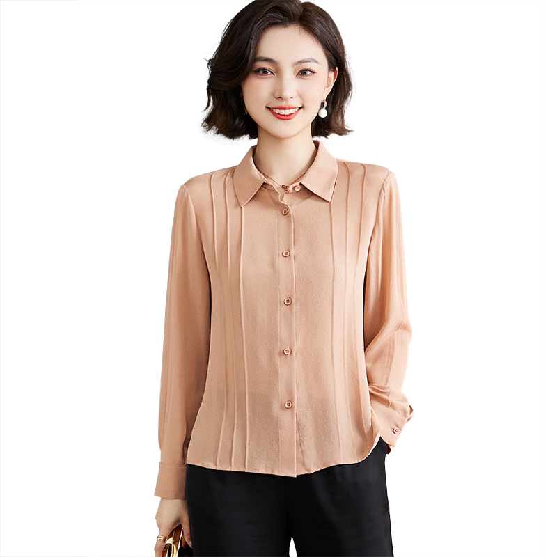 百搭OL长袖纯色小衫桑蚕丝上衣女