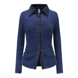 【deepmoss】潮流女装时尚气质针梭拼修身衬衫上衣