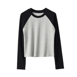 Seawhen海维恩修身拼接撞色插肩袖螺纹小个子长袖T恤打底衫女2569