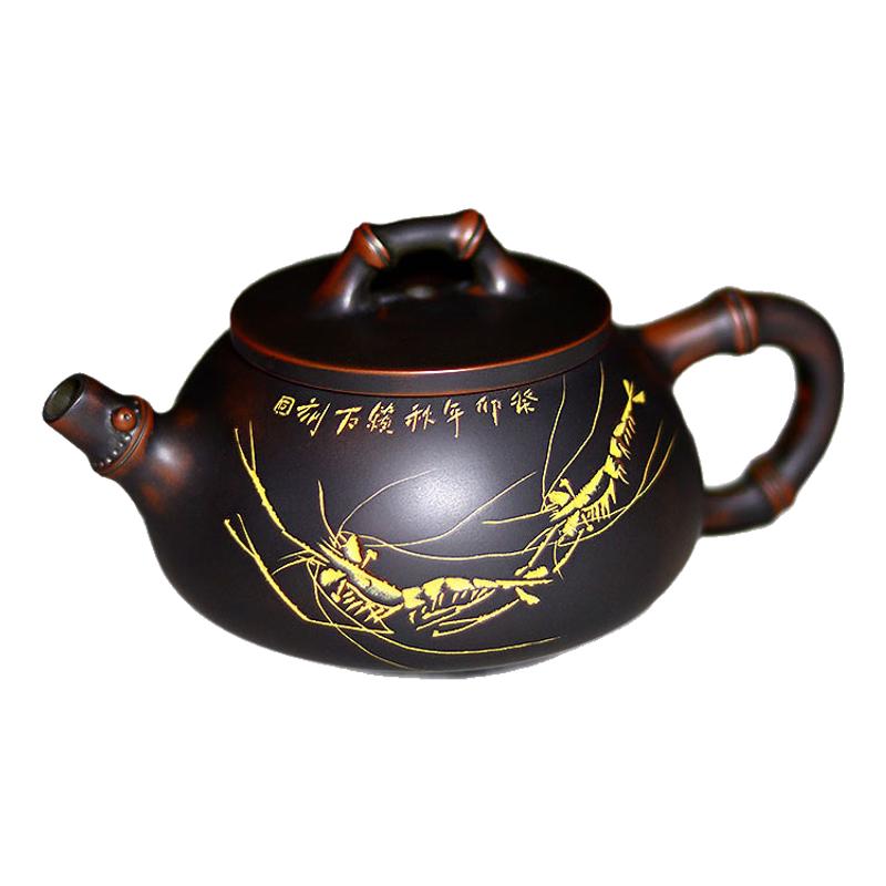 赖石虾壶钦州坭兴陶石瓢壶茶壶家用竹节壶纯手工茶具窑变精品紫泥