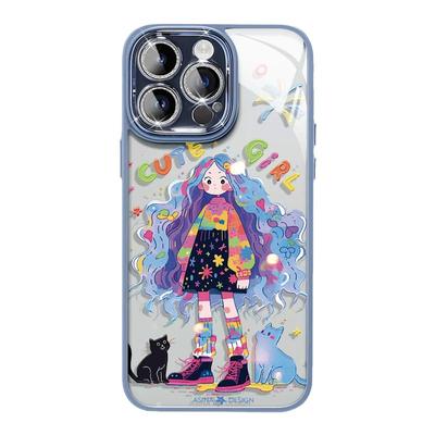 黄发小猫女孩适用苹果16promax手机壳新款自带镜头膜iPhone15可爱闺蜜16pro网红iP14pm全包12防摔ip13高级感