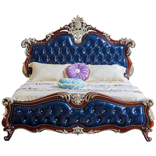 欧式实木床主卧双人床 美式别墅卧室靠背大床雕刻深色仿古真皮床