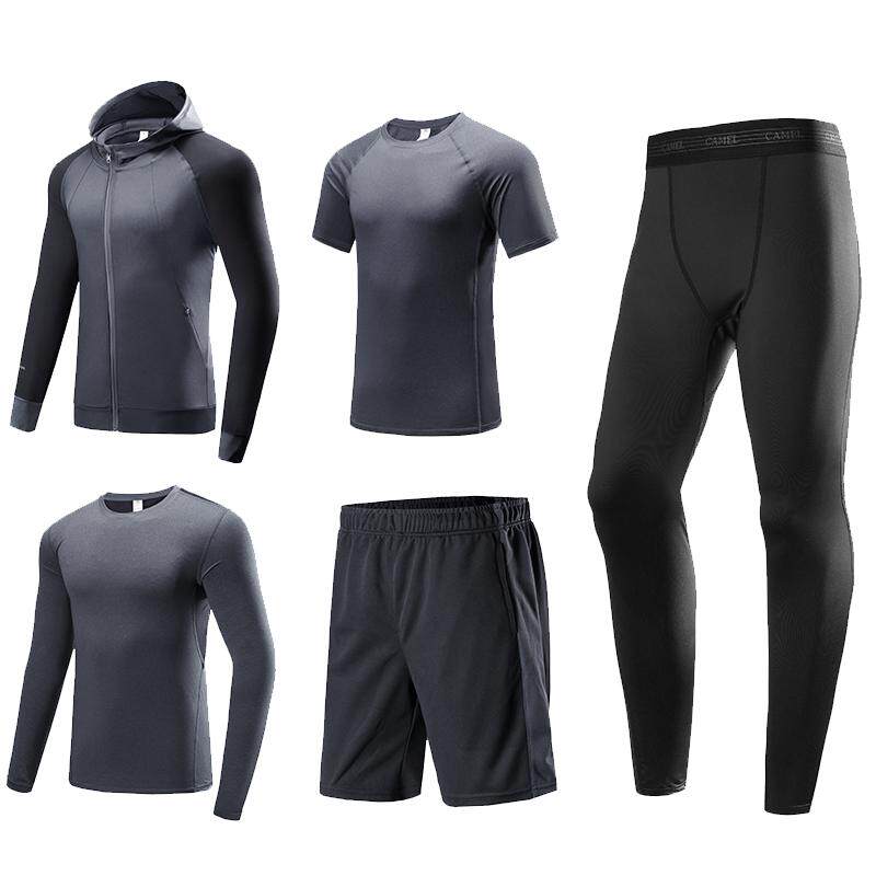 骆驼健身服套装男夏季连帽高弹跑步吸汗透气运动短袖五件套