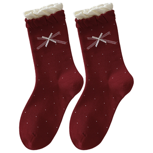 蝴蝶结红袜子女秋冬款长袜可爱堆堆袜条纹新年袜本命年纯棉中筒袜