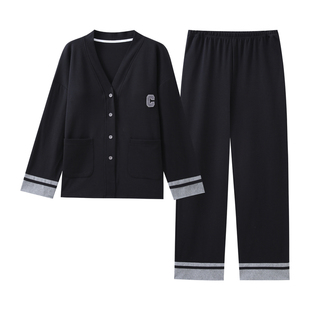 带胸垫一体睡衣女士春秋季长袖黑色轻奢套装秋冬天女生甜美家居服
