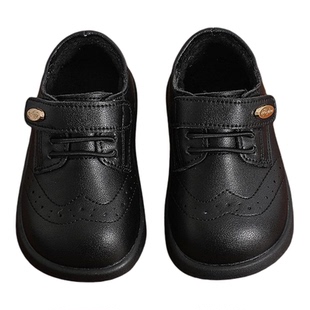 英伦风魔术贴学步鞋男童春秋防滑圆头小皮鞋1-3岁黑色软底宝宝鞋